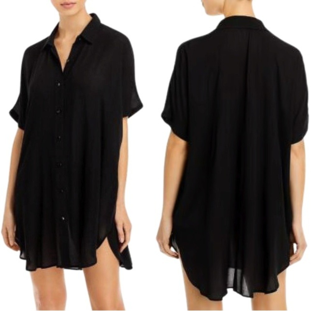 Aqua Swim Cover Up Tunic Women Medium Black Button Down Oversized Sheer $88 NWT